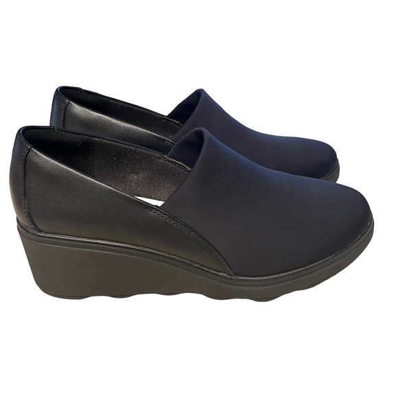 NEW CLARKS Mazy Seabury Black Leather/Stretch Fabric Sz 8 W Slip On Shoe - Picture 4 of 8